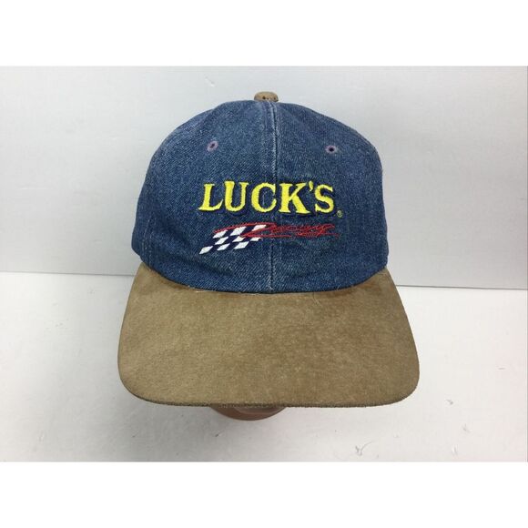 Other - Vintage‎ Lucks Racing Denim Hat Blue Tan Baseball Cap Adjustable Strap Back